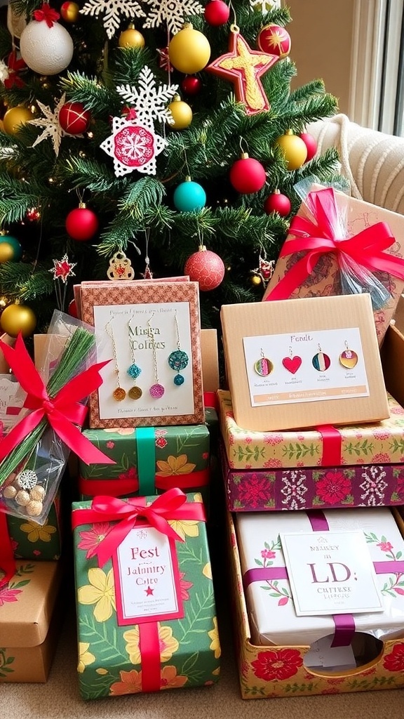 A collection of Latina-inspired Christmas gifts including jewelry, textiles, and food baskets under a Christmas tree.